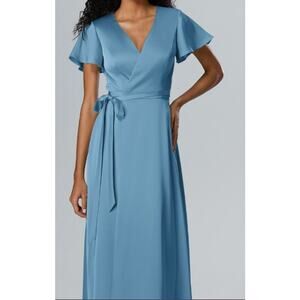 AW BRIDAL 16 2X plus ink blue Roseanne wrap satin formal party maxi dress B82